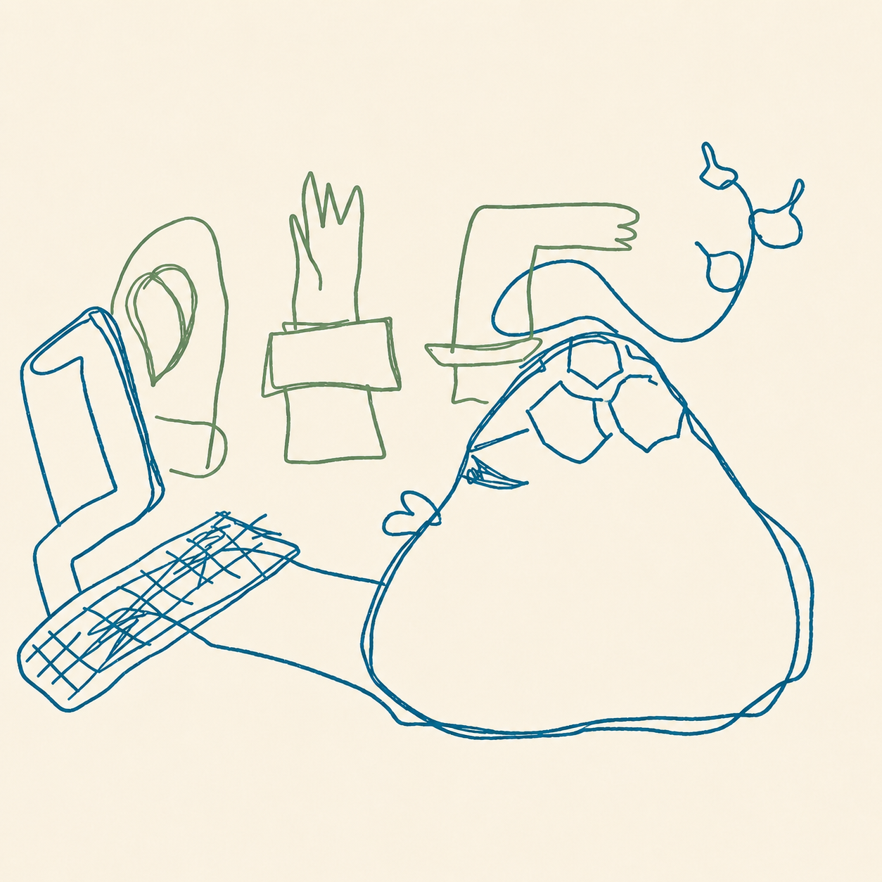 A hand-drawn Dioscorea elephantipes character working at a computer